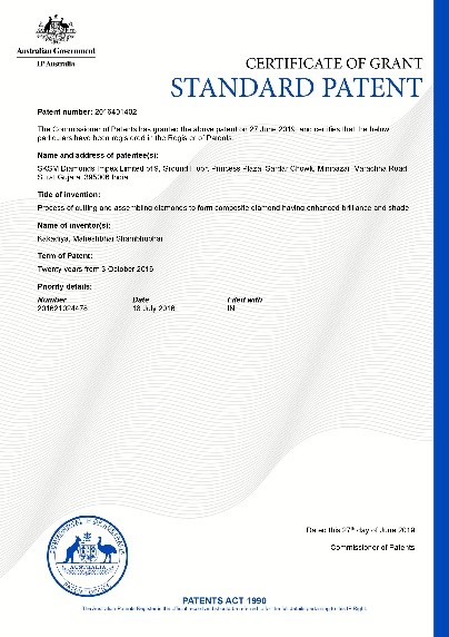Australia patent certificate